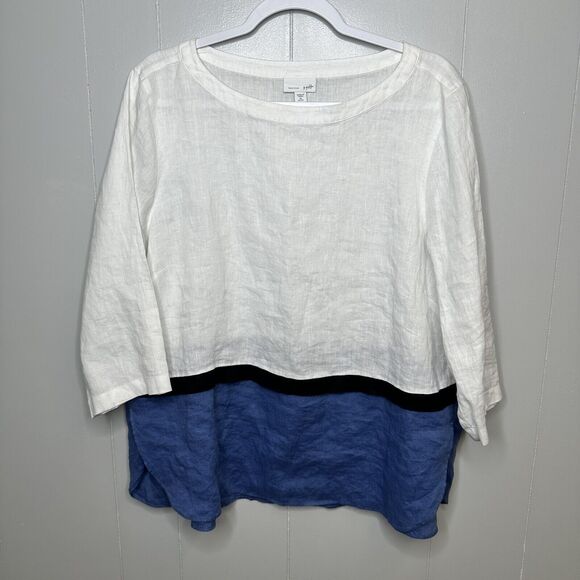 J. Jill Love Color Block Curved Hem 100% Linen Tunic Size XL Petite Lightweight - Picture 2 of 12